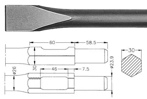 Burin plat emmanchement 6 pans 30 mm